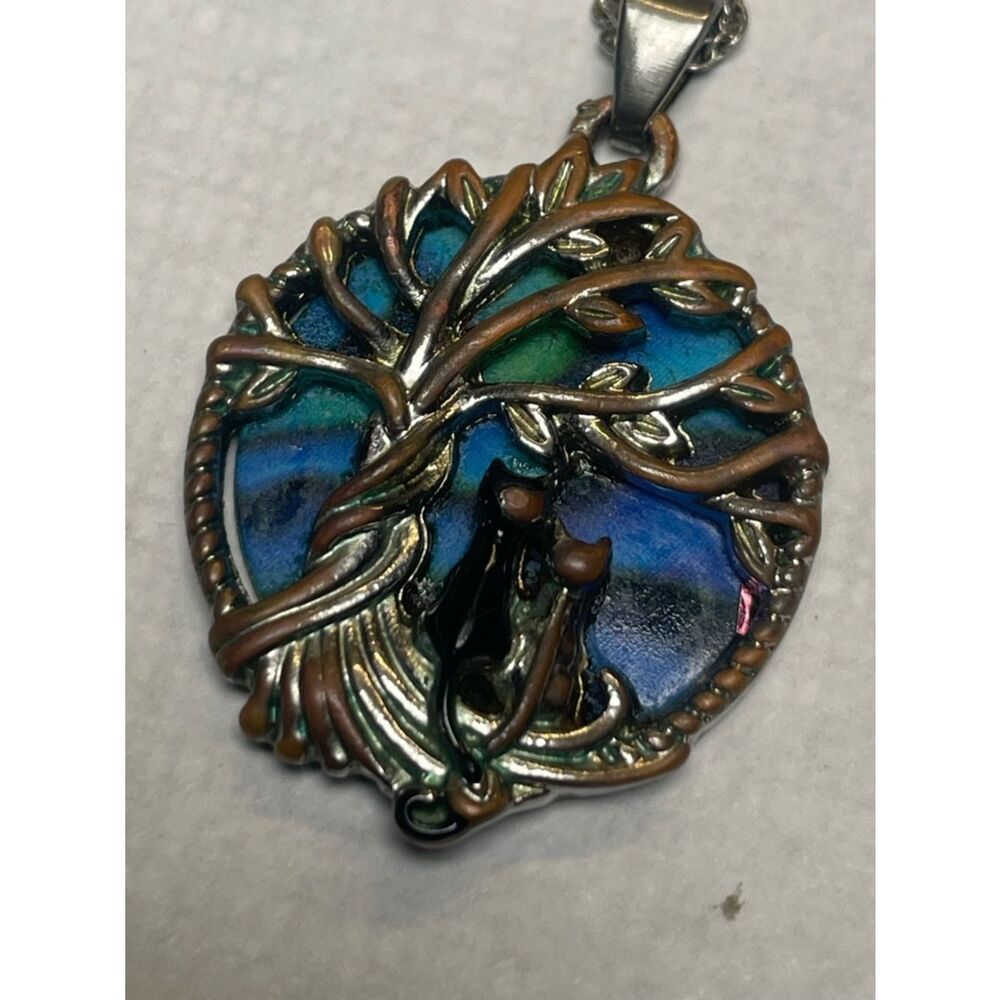 Tree of Life Silver Necklace with Blue-Green Enamel Pendant - Picture 8 of 13